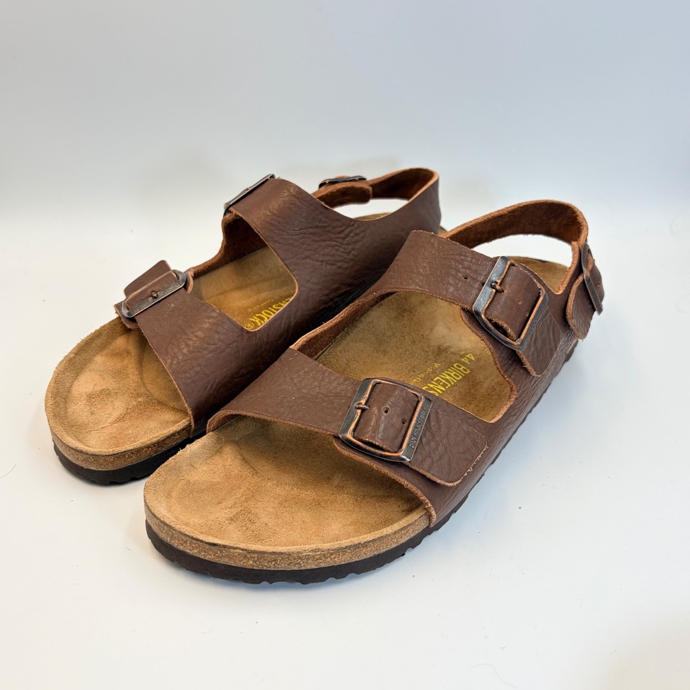 Birkenstock Mens 11, 44 Milano Brown Leather Slingback Sandals Double Buckle